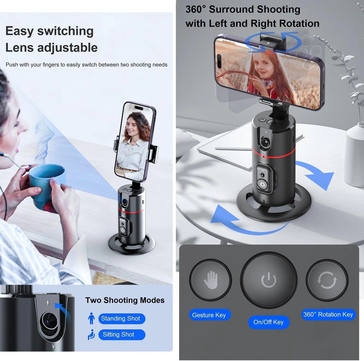 Auto Face Tracking Phone Holder Tripod, No App Required, 360° Rotation Smart Face Body Tracking Tripod Selfie Phone Camera Mount Cell Phone Stand for TIK Tok, Vlog, Live Streaming, Youtube Video